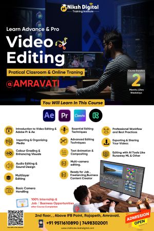 This poster showcases an advanced and professional video editing course offered by Niksh Digital in Amravati. It includes details about classroom and online training, tools covered. The design is visually engaging with bold icons, a dark theme