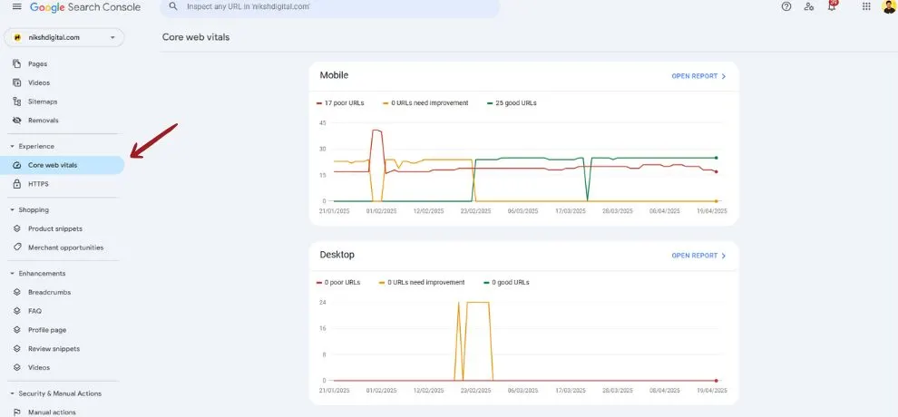 A image is a screenshot from Google Search Console showing Core Web Vitals performance for both mobile and desktop views