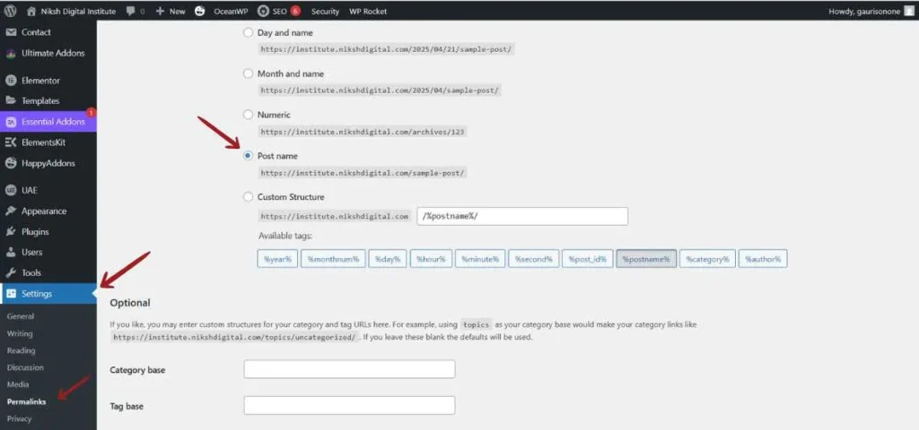 A screenshot of a settings page in WordPress where permalink structures showcase
