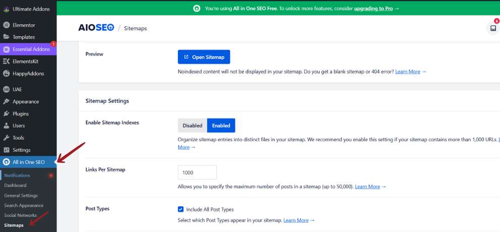 A screenshot of the AIOSEO plugin in WordPress, displaying sitemap configuration options like enabling sitemap indexes