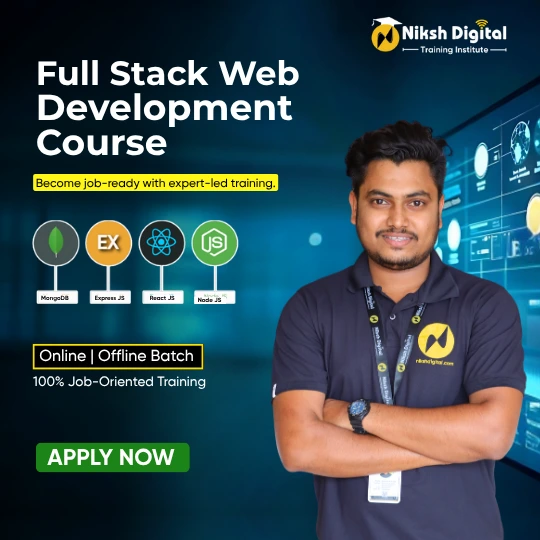 An instructor from Niksh Digital Training Institute for their Full Stack Web Development course in Amravati. The course offers 100% job-oriented training in the MERN stack (MongoDB, Express JS, React JS, Node JS) and is available in both online and offline batches. Become job-ready with expert-led training.